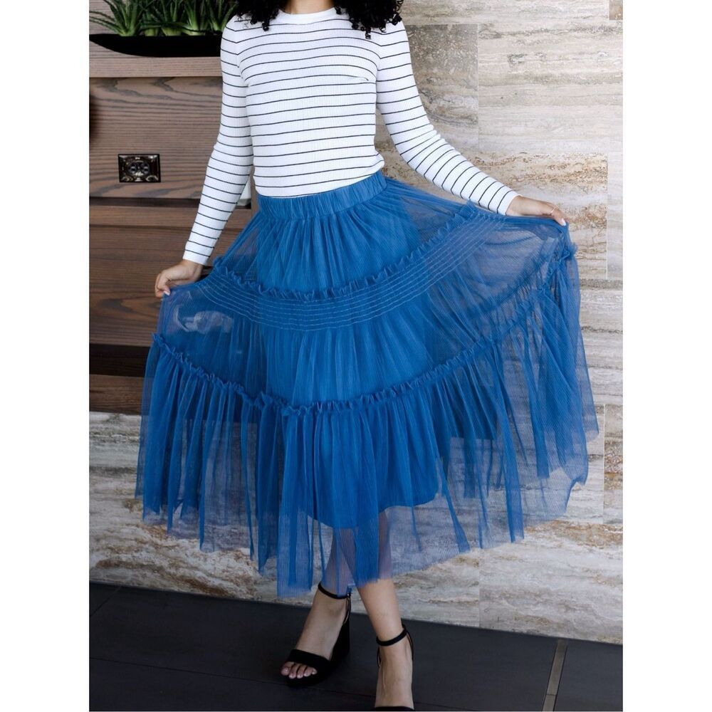 Annie Wear Royal Blue Tulle Tiered Midi Skirt Mesh Balletcore Princess Flowy NWT - Picture 8 of 16